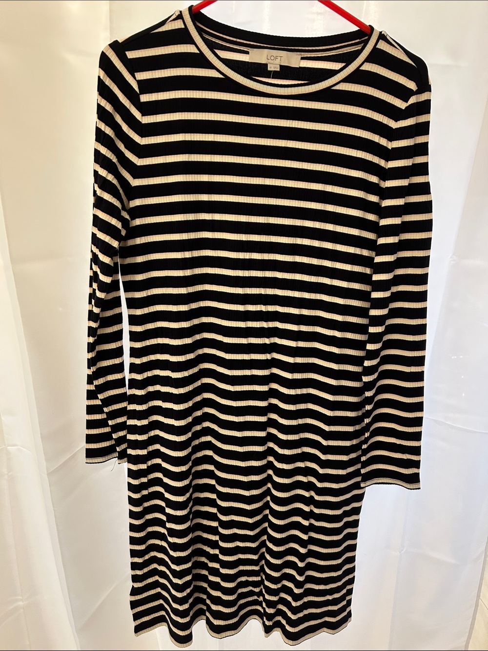 LOFT Black, Cream and pink Ribbed Long Sleeve Stripe Dress.